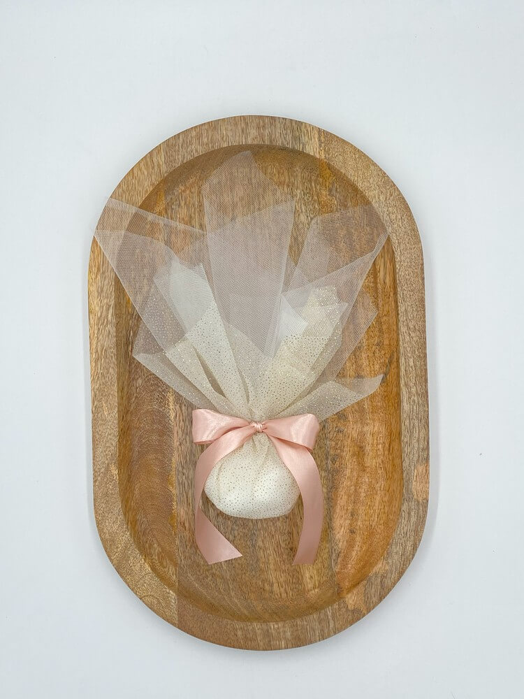 Μπομπονιέρα Γάμου Τούλινη με Ιβουάρ Τούλι Γκλίτερ Χρυσό και Σατέν Κορδέλα Ροζ